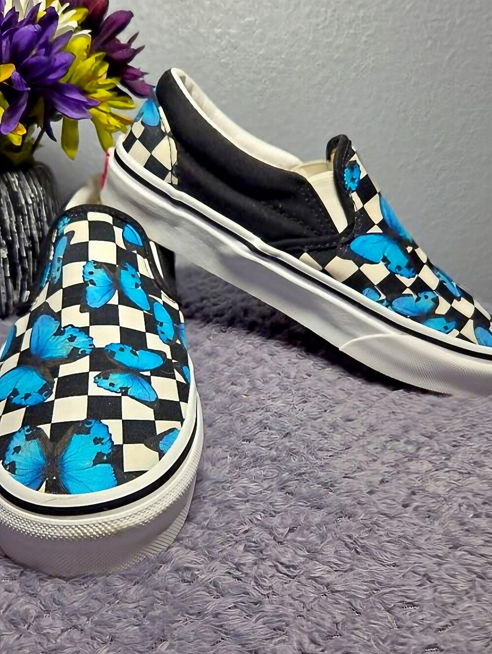 VANS Off the Walls Classic Slip-On Blue Butterfly Checkerboard Women’s 6.5